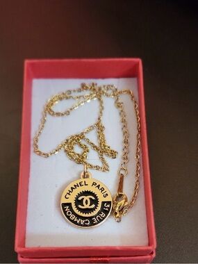 CHANEL Gold Pendant w/ Black Enamel Logo w/ Free Unbranded 18" Chain EUC